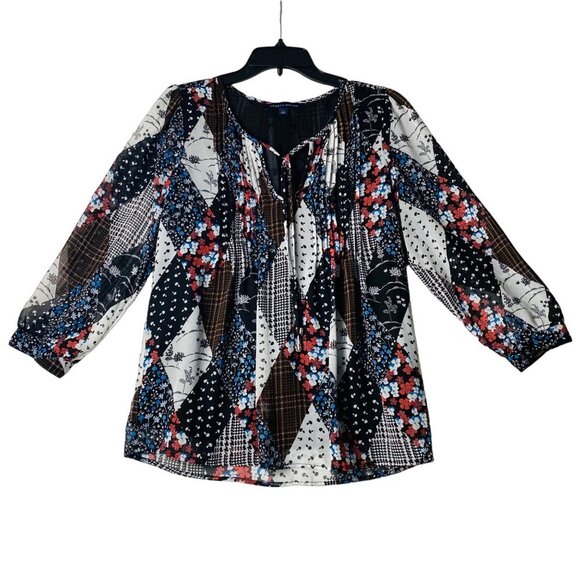 Tommy Hilfiger Blouse Women Size Small Floral Mushroom Mixed Print Pintuck - Picture 1 of 13